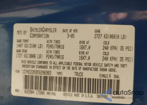 2005 Dodge Dakota St из США, поврежденный, VIN 1D7HE22K85S296983